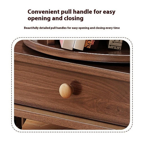 A close-up of a dark brown wooden drawer with a round light wood pull handle, shown inside a styled inset with text above reading 'Convenient pull handle for easy opening and closing.'.