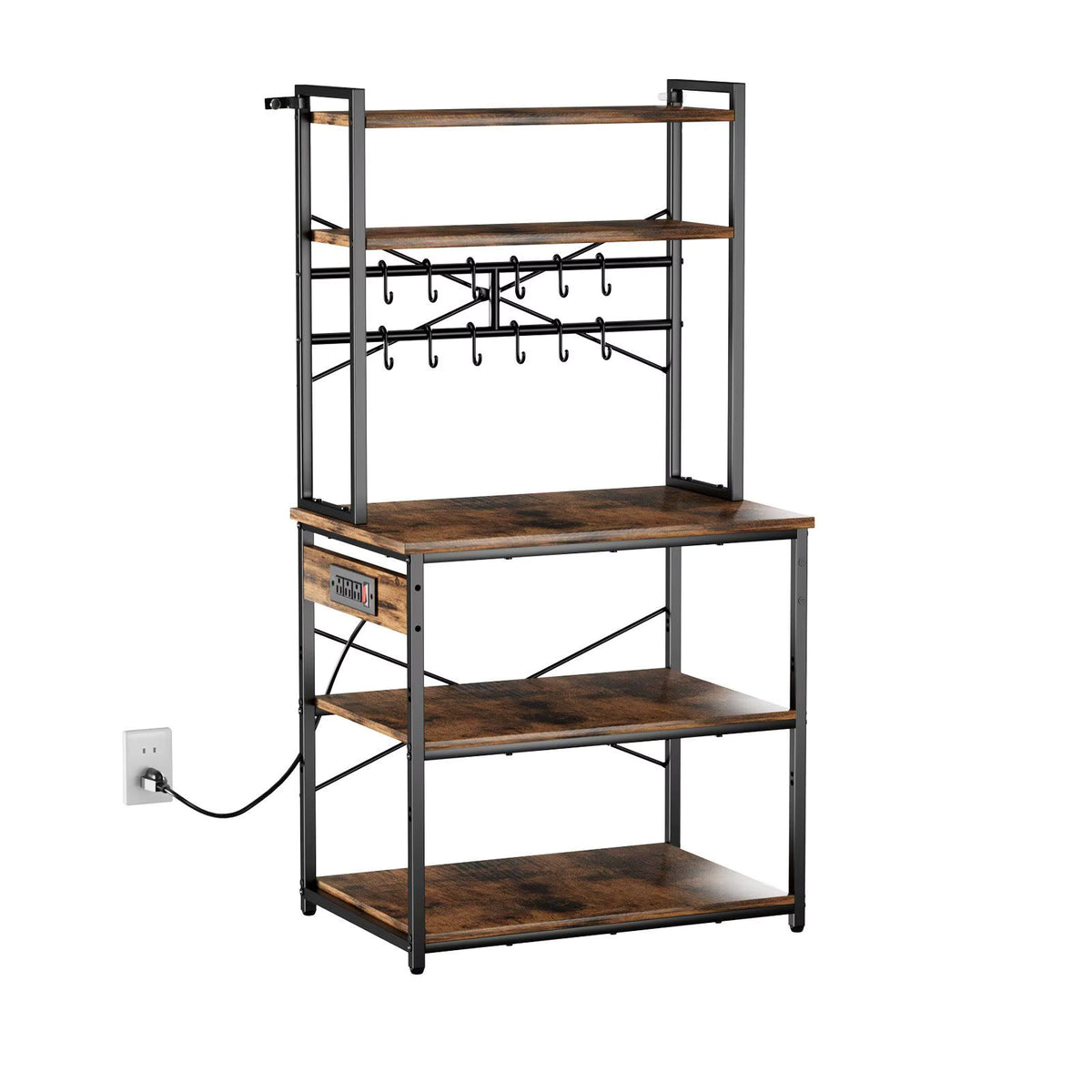 Wooden shelf with metal frame and hooks on a white background