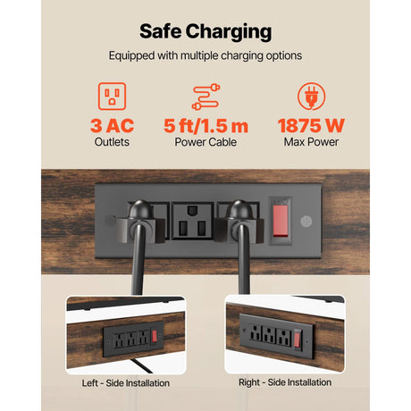 A wall-mounted multi-outlet power strip shown with two black charging adapters plugged in. The graphic includes text reading 'Safe Charging,' '3 AC Outlets,' '5 ft/1.