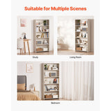 White bookshelf with various items in a study, living room, and bedroom setting.