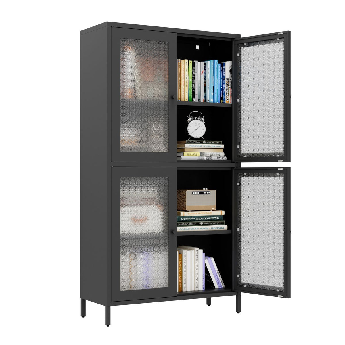 Black storage cabinet with patterned glass doors on a white background