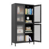 Black storage cabinet with patterned glass doors on a white background