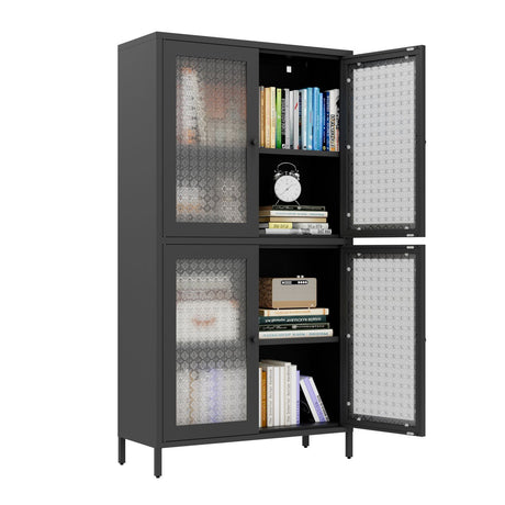 Black storage cabinet with patterned glass doors on a white background