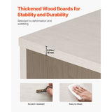 Wooden board with text highlighting thickness, stability, durability, scratch-resistance, and ease of cleaning.