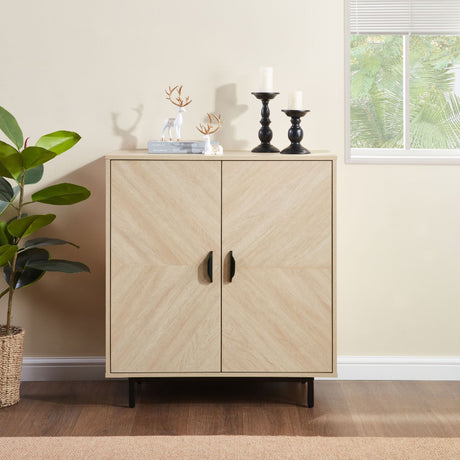 Wooden cabinet with decorative items on a neutral wall background