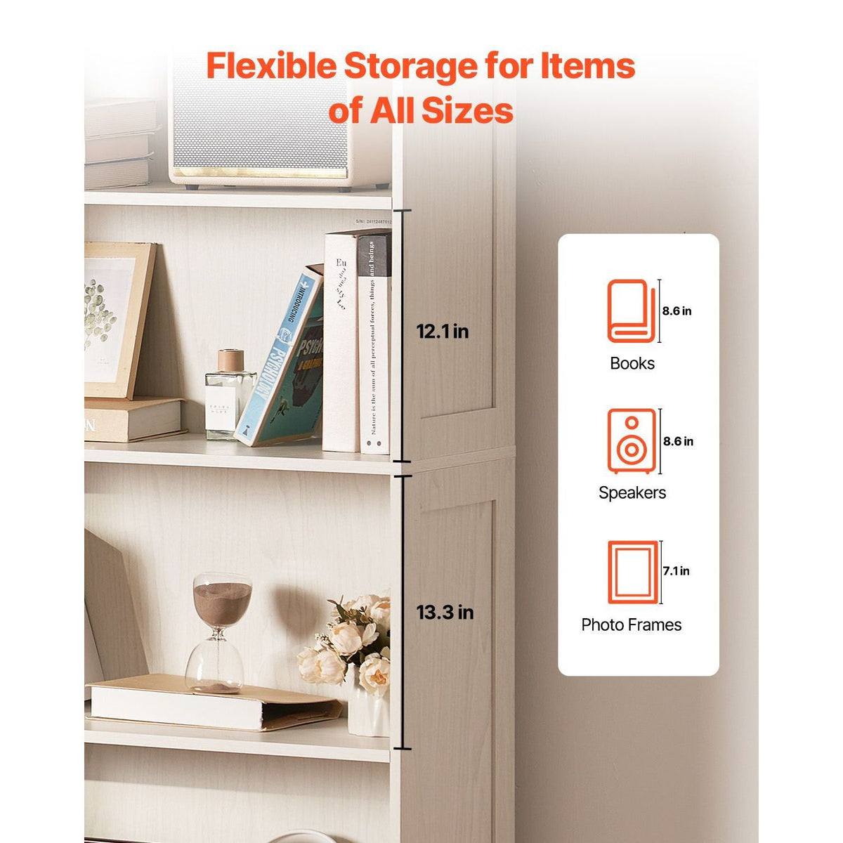 Furniture with flexible storage for items of all sizes, showing dimensions and examples on a white background.