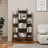 A tall, rustic wooden bookcase with an open, modular design and two lower drawers, styled with books, vases, and small plants in a modern living room setting.