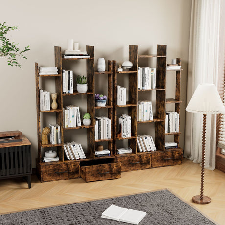 Wooden bookshelf with books and decor in a room with a lamp and plant.