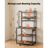 A four-tier industrial shelving unit with a black metal frame and rustic brown wood shelves, shown in a room corner with overlaid dimension lines and arrows indicating measurements and load-bearing capacity.