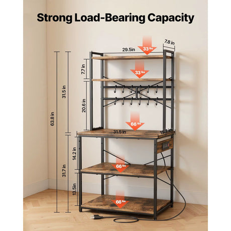 A four-tier industrial shelving unit with a black metal frame and rustic brown wood shelves, shown in a room corner with overlaid dimension lines and arrows indicating measurements and load-bearing capacity.