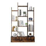 Wooden bookshelf with books and decorative items on a white background