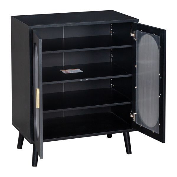 Open black shoe cabinet showing adjustable interior shelves