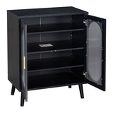Open black shoe cabinet showing adjustable interior shelves