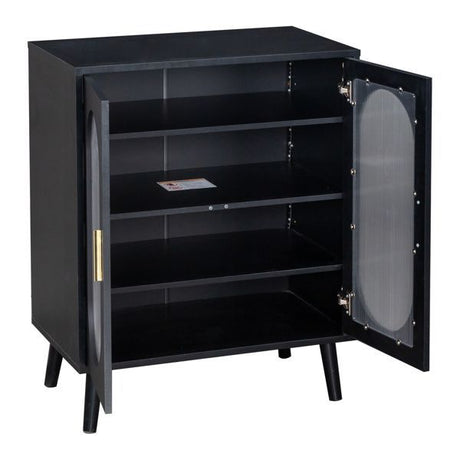 Open black shoe cabinet showing adjustable interior shelves
