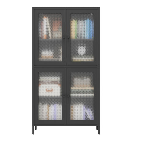 Black metal cabinet with mesh doors displaying various items on a white background
