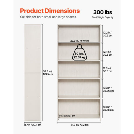 Dimensions and weight capacity of a bookshelf with measurements in inches and centimeters.