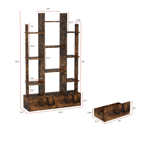 Wooden bookshelf with dimensions on a white background