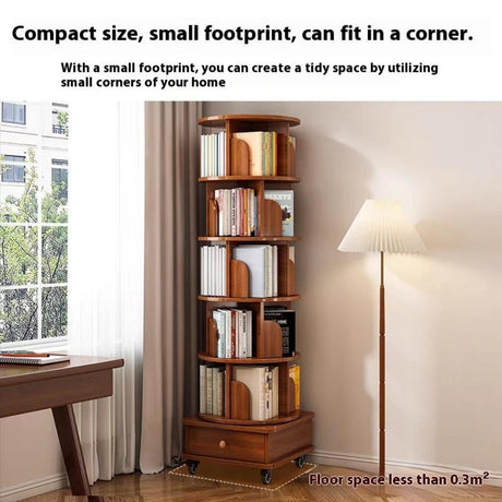 Wooden bookshelf with books in a room with a window and lamp.
