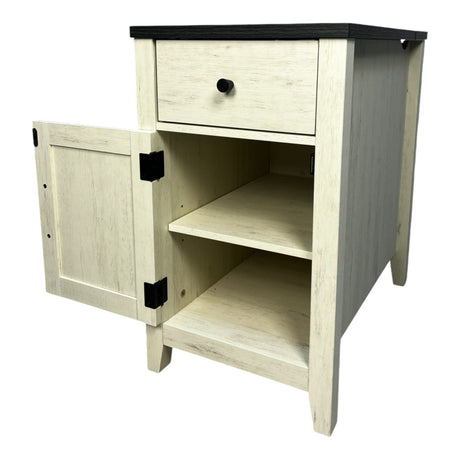 Wooden cabinet with a drawer and open door on a white background