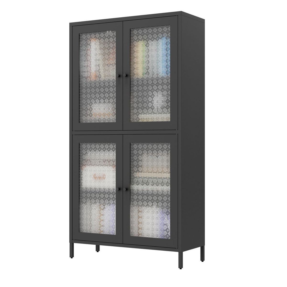 Black cabinet with patterned glass doors on a white background