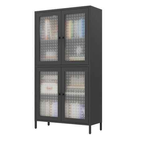 Black cabinet with patterned glass doors on a white background