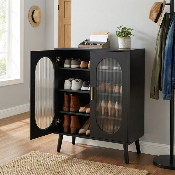 Black shoe cabinet open to show four tiers of footwear storage