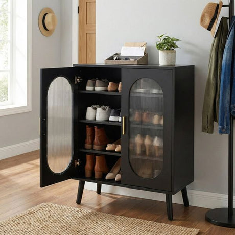 Black shoe cabinet open to show four tiers of footwear storage