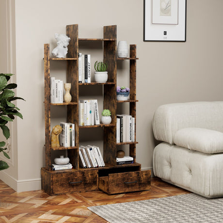 Wooden bookshelf with books and decor items in a living room setting.