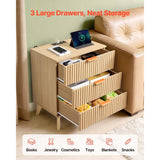Wooden side table with three drawers in a living room setting, featuring a tablet and other items.