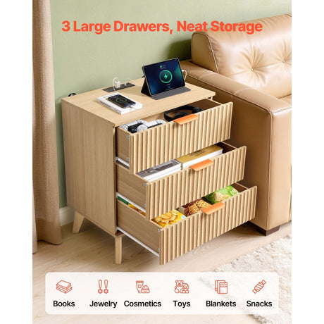 Wooden side table with three drawers in a living room setting, featuring a tablet and other items.