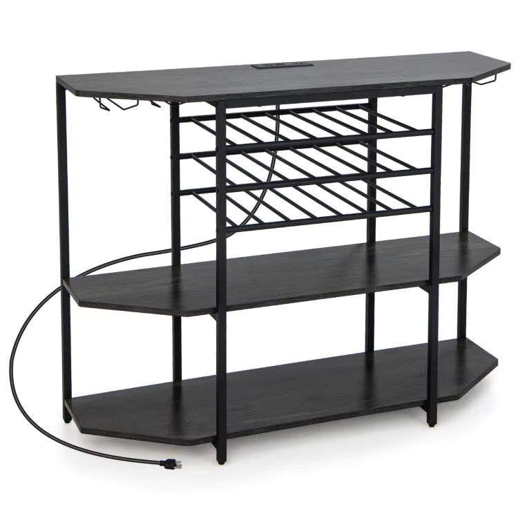Black metal shoe rack with multiple shelves on a white background