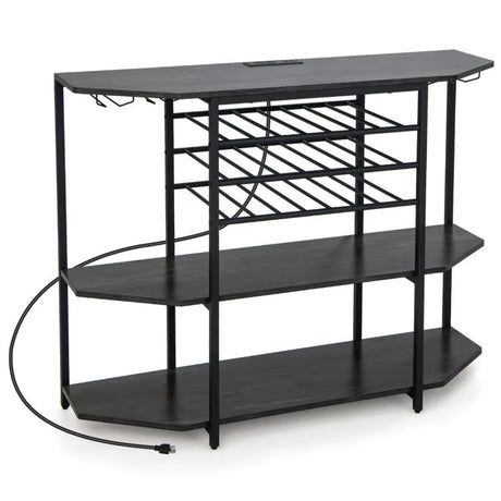 Black metal shoe rack with multiple shelves on a white background