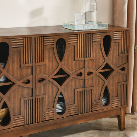 Wooden sideboard with geometric design in a room setting