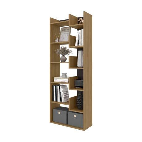 Wooden bookshelf with decorative items on a white background