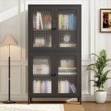 Dark glass-fronted cabinet in a room with a lamp and plant