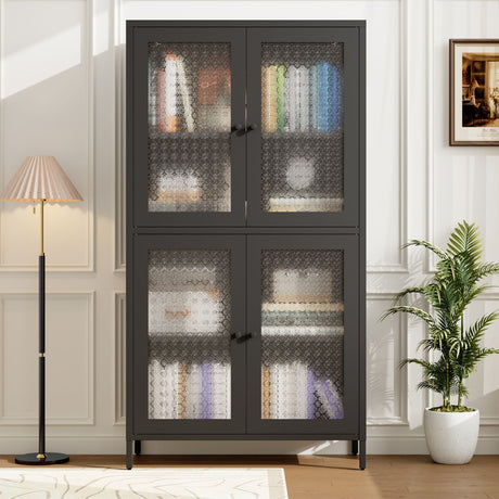 Dark glass-fronted cabinet in a room with a lamp and plant
