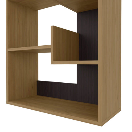 Wooden bookshelf with geometric design on a white background