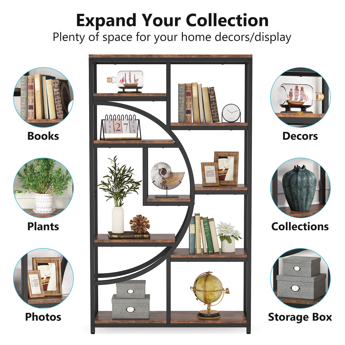 Multilevel bookshelf with various items on shelves against a white background