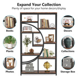 Multilevel bookshelf with various items on shelves against a white background