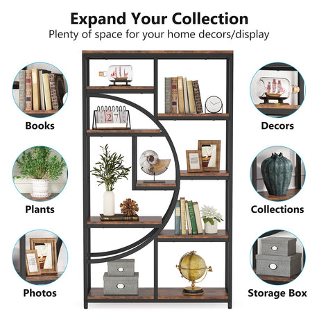 Multilevel bookshelf with various items on shelves against a white background