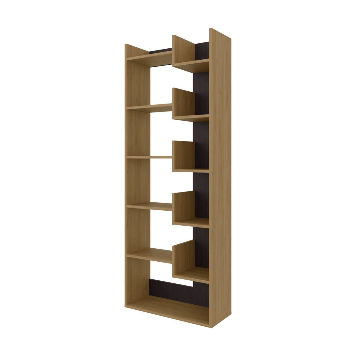 Wooden bookshelf with black interior on a white background
