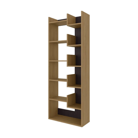 Wooden bookshelf with black interior on a white background