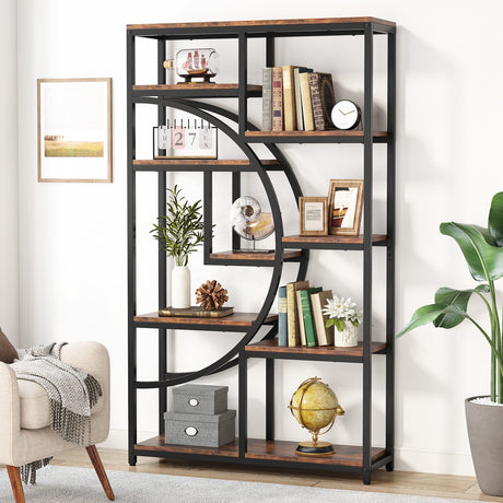 Decorative bookshelf with various items in a room setting