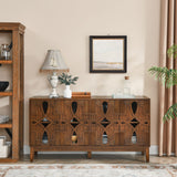 Wooden sideboard in a room with decor elements like a lamp, plant, and wall art.