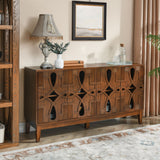 Wooden sideboard with decorative elements in a living room setting