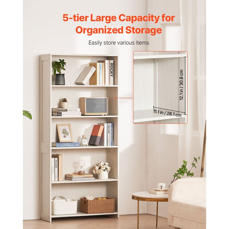 Bookshelf with 5-tier design in a room setting, highlighting storage capacity.