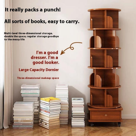 Wooden bookshelf with books and promotional text on a plain background