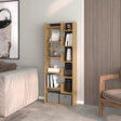 Wooden bookshelf in a room with a sofa and chair