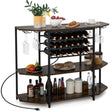 A 4-tier wine and bar storage rack with a dark brown wood finish and black metal frame, shown styled with wine bottles, glasses, jars, and decorative items on a white background.