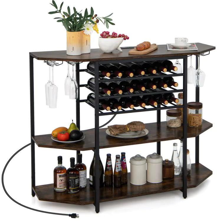 A 4-tier wine and bar storage rack with a dark brown wood finish and black metal frame, shown styled with wine bottles, glasses, jars, and decorative items on a white background.